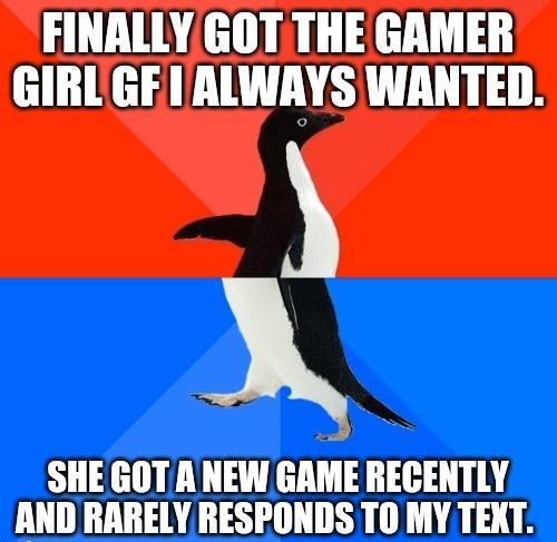 FINALLYGOT THE GAMER GIRLGF I ALWAYS WANTED A SHEGOTANEW IilE RECENTLY AND RARELY RESPONDS T0 MY TEXT