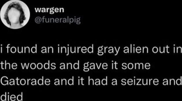 wargen funeralpig i found an injured gray alien out in the woods and gave it some CENCI T CR Tale Ml pFoTe RERSTETPAVIECRETgTe died