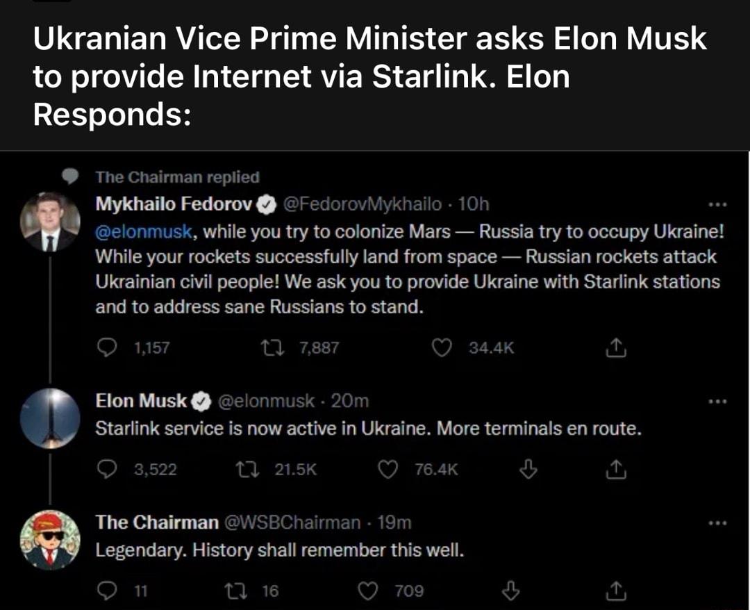 Ukranian Vice Prime Minister asks Elon Musk LN i s LA TG RVE RS Ta T y 2CYS oYo g le B The Chairman replied Mykhailo Fedorov FedorovMykhailo 10k G IV VTSRVTVR R o Xelel Ty FAV ETERl STESSER V8 e ReTelel VoA U1 T3 While your rockets successfully land from space Russian rockets attack Ukrainian civil people We ask you to provide Ukraine with Starlink stations and to address sane Russians to stand D 