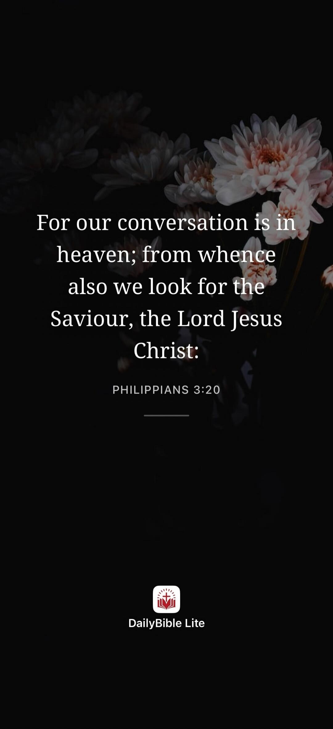 For our conversation is in heaven; from whence also we look for the Saviour, the Lord Jesus Christ: PHILIPPIANS 3:20 DailyBible Lite