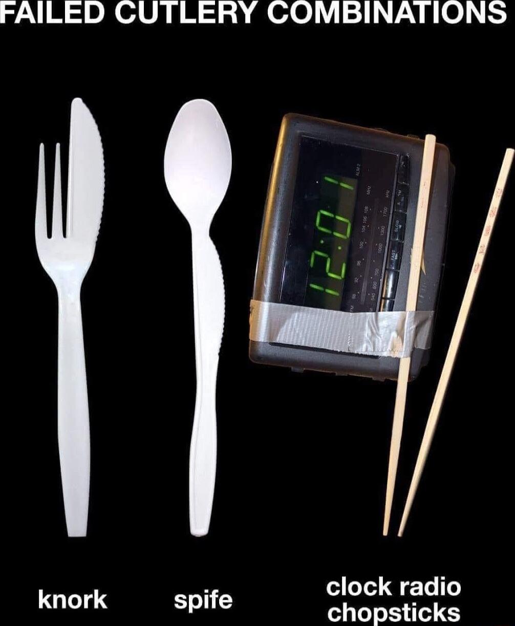 FAILED CUTLERY COMBINATIONS clock radio knork spife chopsticks