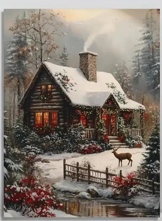 A cozy snow-covered log cabin in a winter forest, with lights on and a deer near a wooden fence by a small stream.
