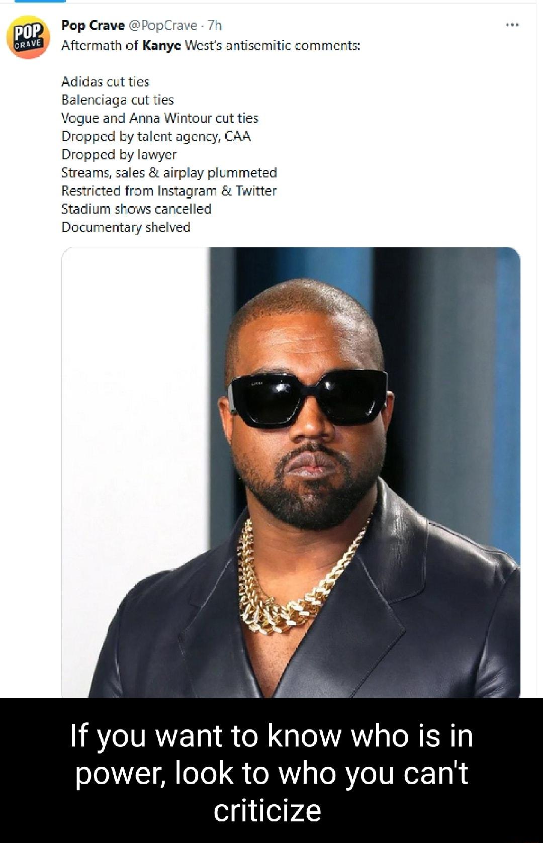 Pop Crave fopCrave Aftermath of Kanye Wests antisemitic comments Vogue and Dropped by Dropped by lawyer s les airplay plummeted Restrcted from Instagram Twifter Stadium shows cancelled Documentary shelved If you want to know who is in power look to who you cant criticize