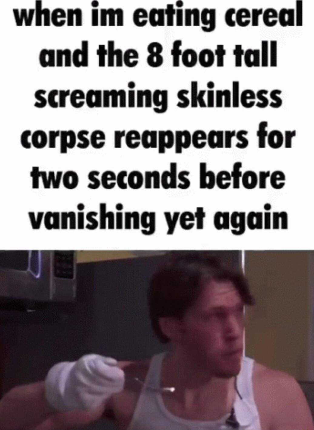 en im eating cerea and the 8 foot tall screaming skinless corpse reappears for two seconds before vanishing yet again