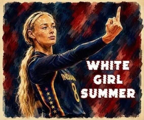 WHITE GIRL SUMMER. A woman in a sports jersey with 'INDIAN' and '8' visible is shown making a middle finger gesture.