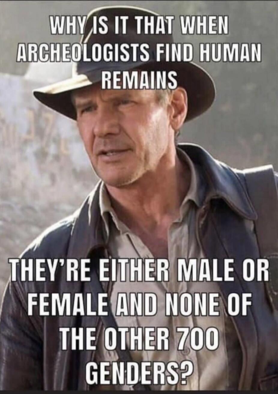 WHY IS IT THAT WHEN ARCHEOLOGISTS FIND HUMAN REMAINS THEY'RE EITHER MALE OR FEMALE AND NONE OF THE OTHER 700 GENDERS?