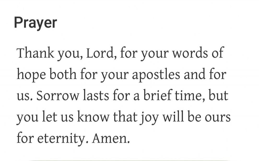 Prayer Thank you, Lord, for your words of hope both for your apostles and for us. Sorrow lasts for a brief time, but you let us know that joy will be ours for eternity. Amen.