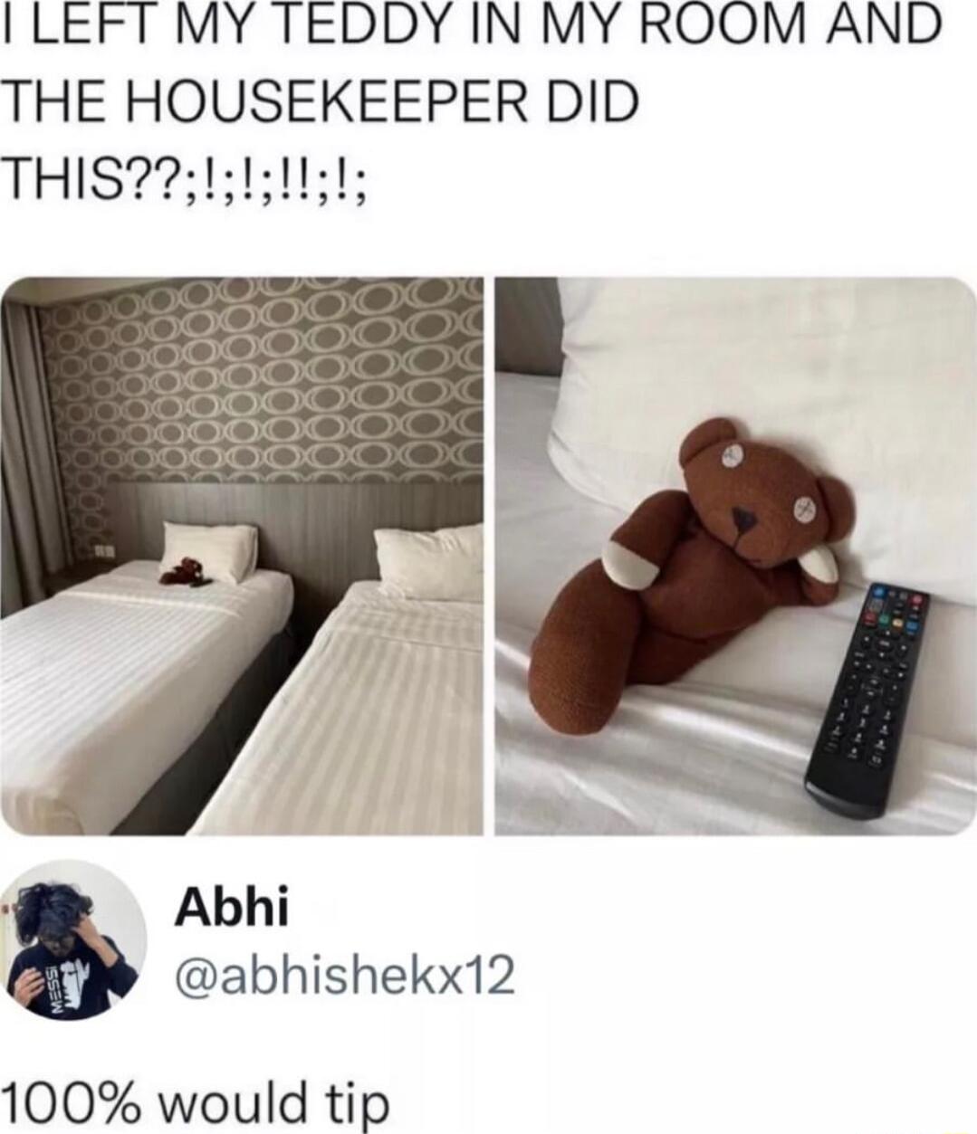ILEFT MY TEDDY IN MY ROOM AND THE HOUSEKEEPER DID THIS 15101 Abhi abhishekx12 100 would tip