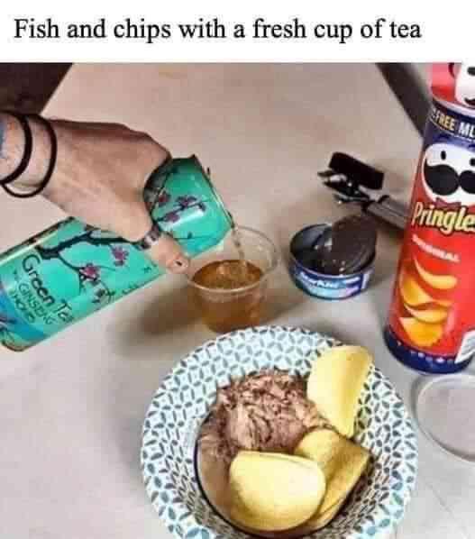 Fish and chips with a fresh cup of tea