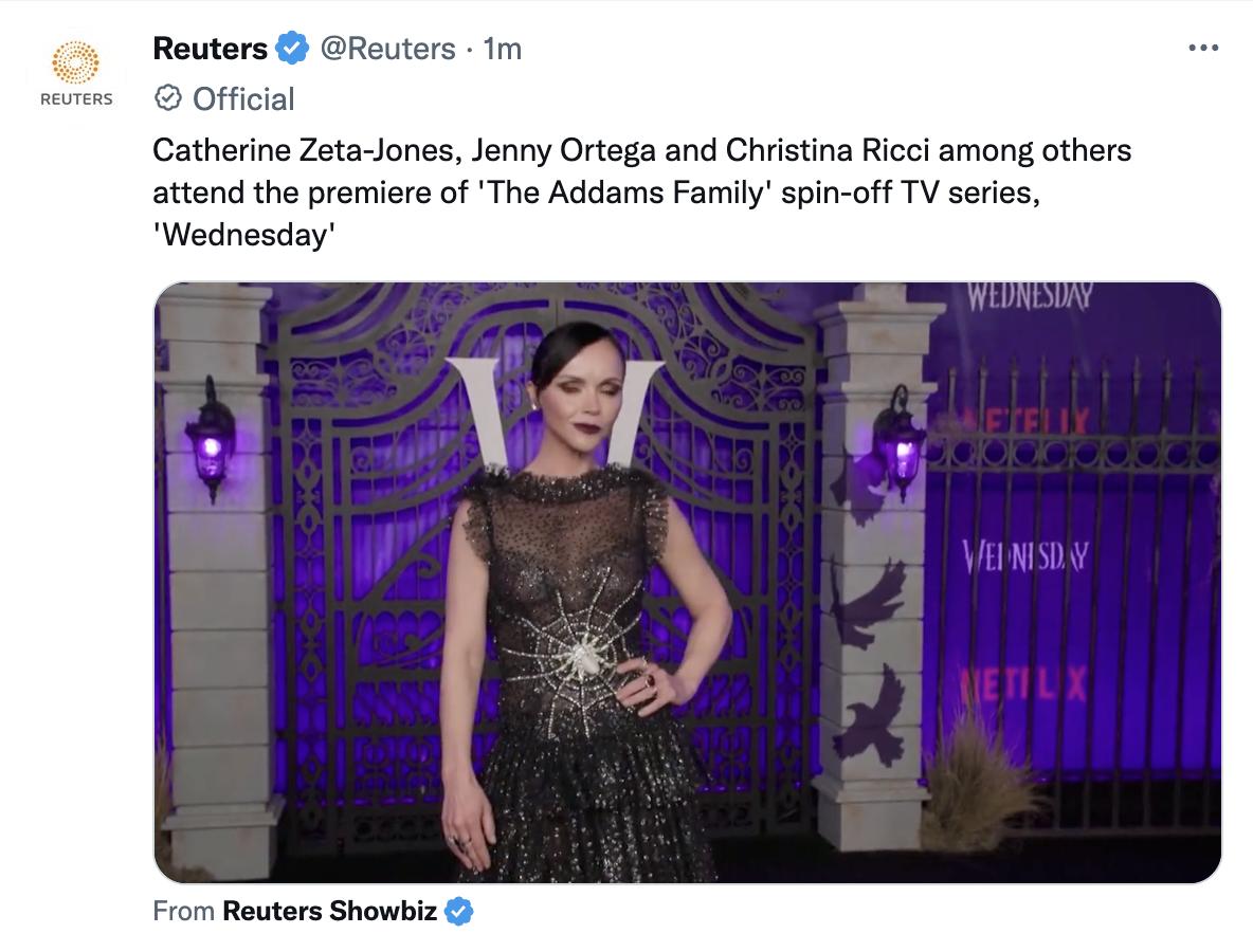 Reuters Reuters Im Offiial Catherine Zeta Jones Jenny Ortega and Christina Ricei among others attend the premiare of The Addams Familyspin off TV series Wednesday VNS from Routers Showbi