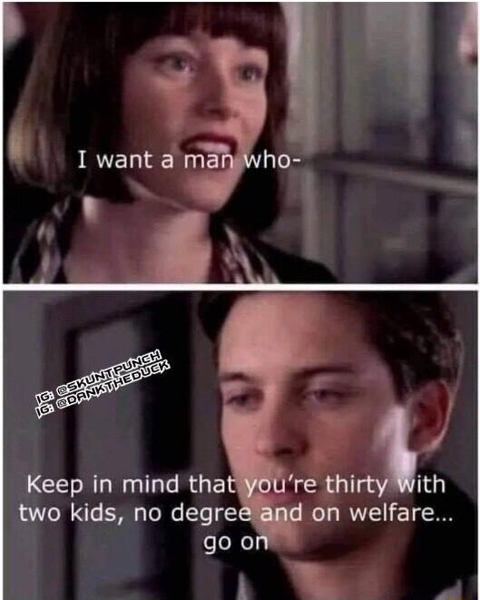 I want manswho Keep in mind thal re thi ith wo kids no degre on welfare go o B P