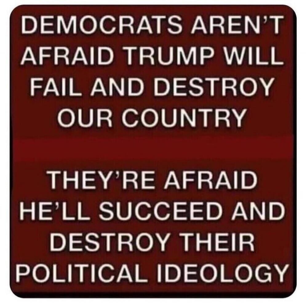 DEMOCRATS AREN'T AFRAID TRUMP WILL FAIL AND DESTROY OUR COUNTRY THEY'RE AFRAID HE'LL SUCCEED AND DESTROY THEIR POLITICAL IDEOLOGY