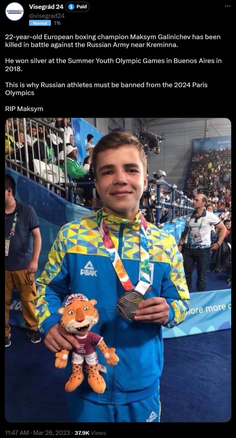 Visegrad 24 Paid 22 year old European boxing champion Maksym Galinichev has been killed in battle against the Russian Army near Kreminna He won silver at the Summer Youth Olympic Games in Buenos Aires in 2018 This is why Russian athletes must be banned from the 2024 Paris Olympics RIP Maksym 262023 379K