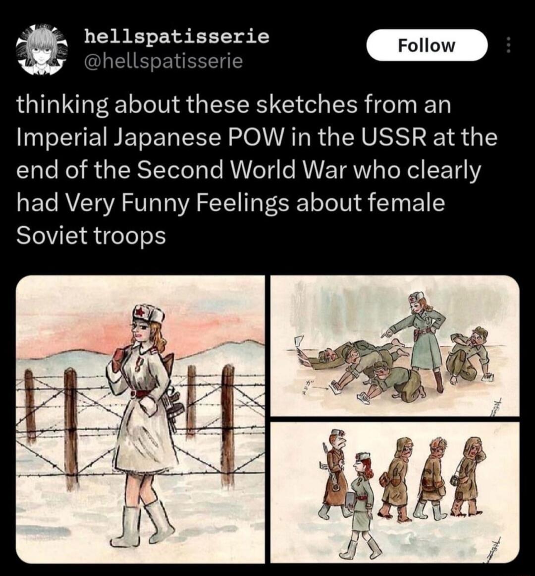 hellspatisserie @hellspatisserie Follow thinking about these sketches from an Imperial Japanese POW in the USSR at the end of the Second World War who clearly had Very Funny Feelings about female Soviet troops