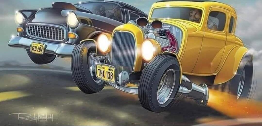 Two vintage hot rod cars racing.