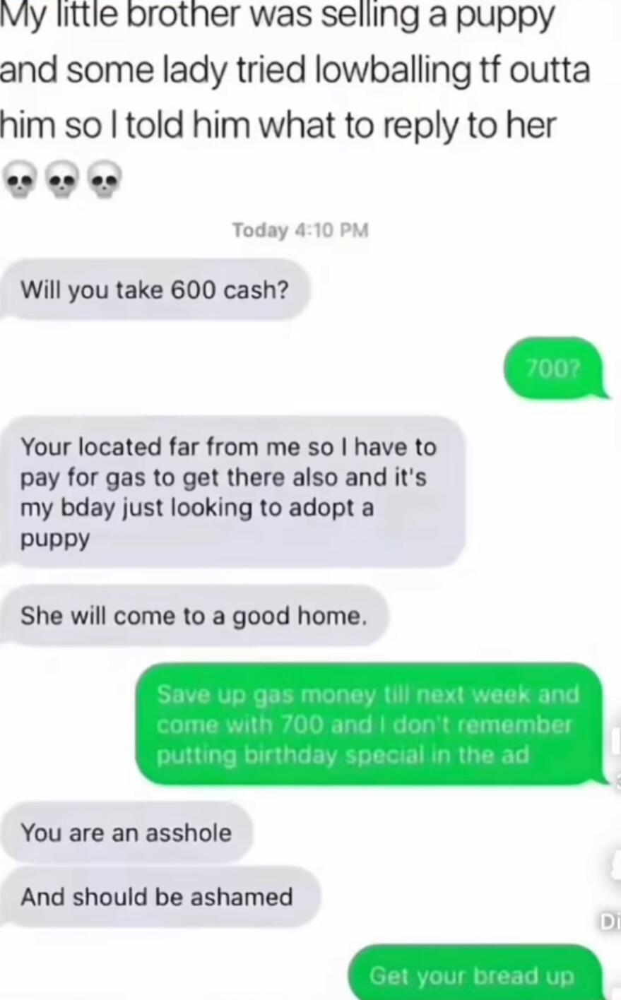 Vly littie brotner was selling a puppy and some lady tried lowballing tf outta him so told him what to reply to her LU AT AT Today 4 Will you take 600 cash Your located far from me so have to pay for gas to get there also and its my bday just looking to adopt a Puppy She will come to a good home You are an asshole And should be ashamed