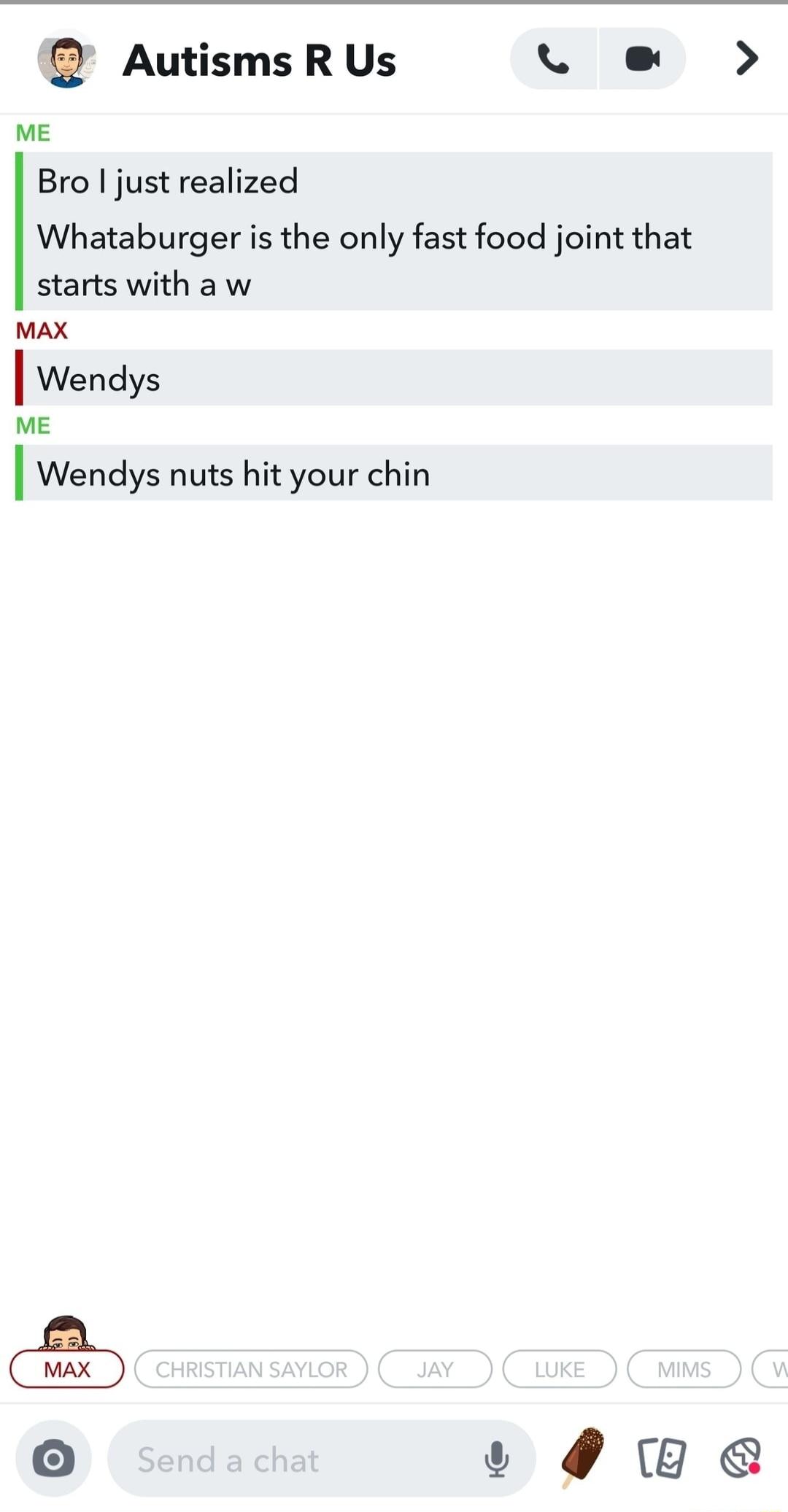 Autisms R Us Lo D ME Bro just realized Whataburger is the only fast food joint that starts withaw MAX I Wendys ME I Wendys nuts hit your chin 0 4B