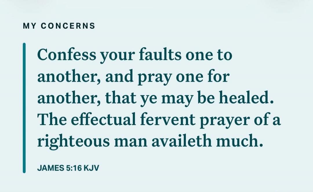 MY CONCERNS Confess your faults one to another, and pray one for another, that ye may be healed. The effectual fervent prayer of a righteous man availeth much. JAMES 5:16 KJV