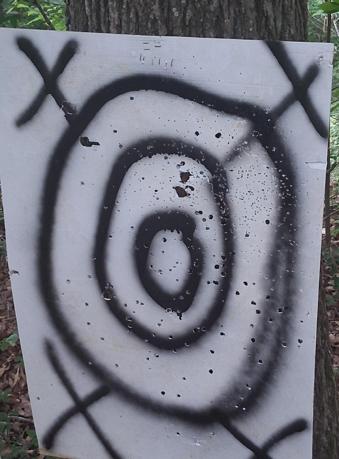 A white board with a black spray-painted spiral target and 'X' marks in the corners, riddled with bullet holes, set against a wooded background.