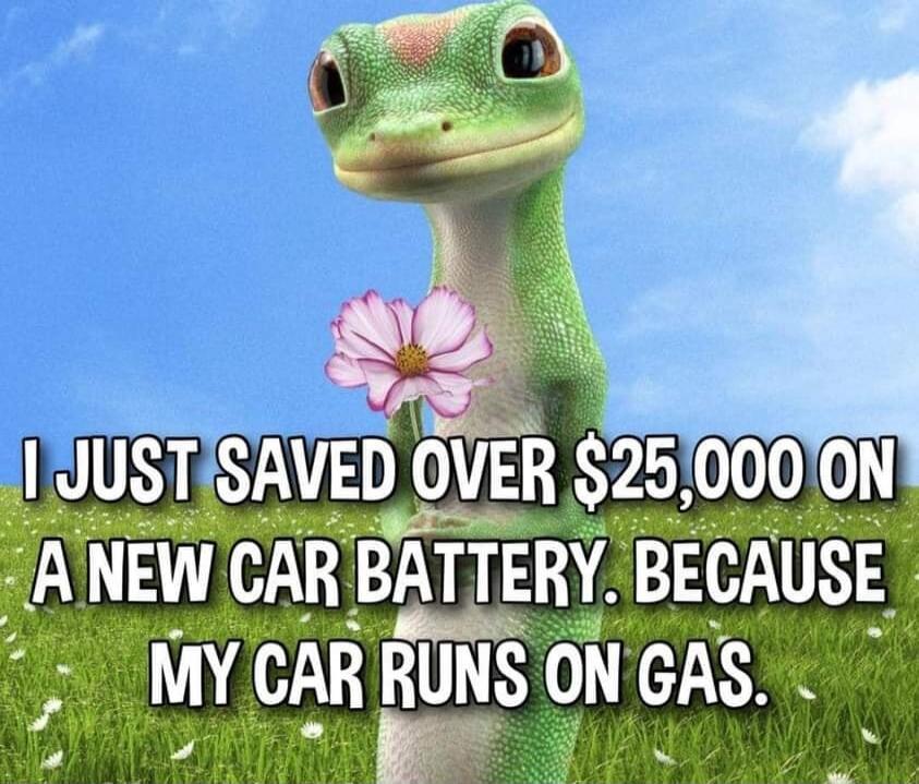 I JUST SAVED OVER $25,000 ON A NEW CAR BATTERY. BECAUSE MY CAR RUNS ON GAS.