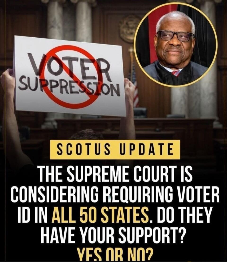 Voter Suppression. SCOTUS Update. The Supreme Court is considering requiring voter ID in all 50 states. Do they have your support? Yes or No?