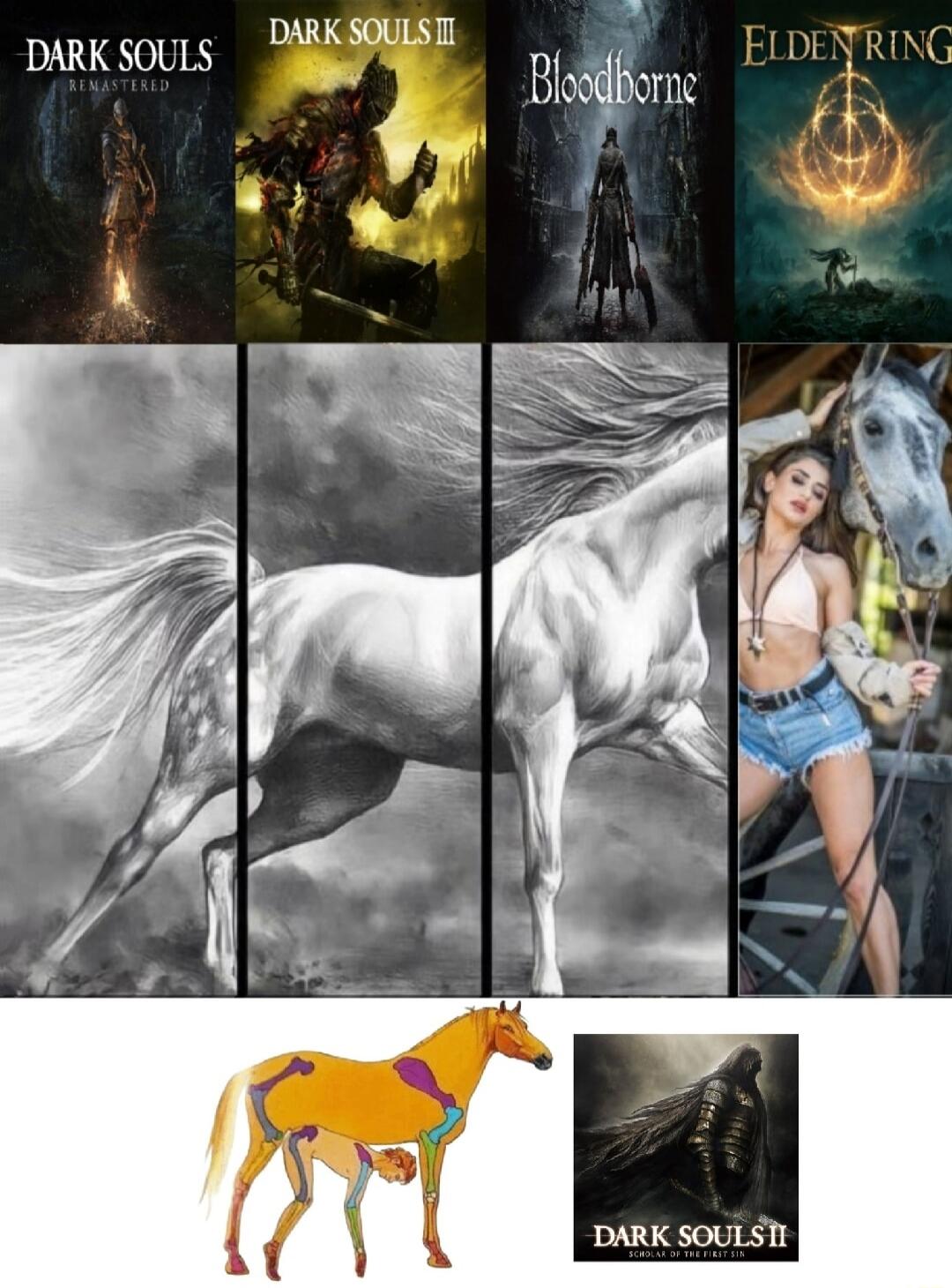 DARK SOULS REMASTERED, DARK SOULS III, Bloodborne, ELDEN RING, DARK SOULS II SCHOLAR OF THE FIRST SIN. The image is a multi-panel meme. The top row features covers of FromSoftware games: Dark Souls Remastered, Dark Souls III, Bloodborne, and Elden Ring. The middle row shows a progression of horse imagery, starting with artistic renditions and endin
