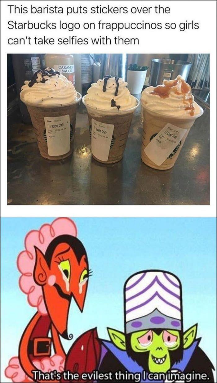 This barista puts stickers over the Starbucks logo on frappuccinos so girls cant take selfies with them That s the evilest thinglicanjimagine