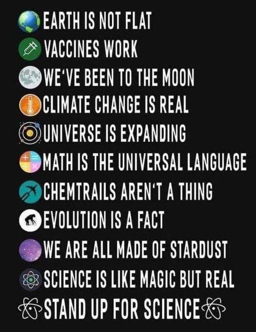 EARTH IS NOT FLAT 2 VACCINES WORK VVEVE BEEN TO THE MOON CLINATE CHANGE IS REAL OT VATH IS THE UNIVERSAL LANGUAGE 2 CHEMTRAILS ARENT A THING EVOLUTION 1S A FACT WE ARE ALL MADE OF STARDUST 3 SCIENCE IS LIKE MAGIC BUT REAL ESTAND UP FOR SCIENCES