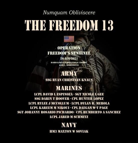 Numquam Obliviscere
THE FREEDOM 13
OPERATION FREEDOM'S SENTINEL
ARMY
SSG RYAN CHRISTIAN KNAUS
MARINES
LCPL DAVID L ESPINOZA - SGT NICOLE G LEE
SSG DARIN T HOOVER - CPL HUNTER LOPEZ
LCPL RYLEE J MCCDULLIN - CPL DYLAN W MEROLA
LCPL B? A NIKOLLE - CPL DAIGAN W PAGE
SGT JOHNNY ROSARIO PICHARD - CPL RUMBERTO A SANCHEZ
NAVY
HM3 MAXTON W SOVLAK