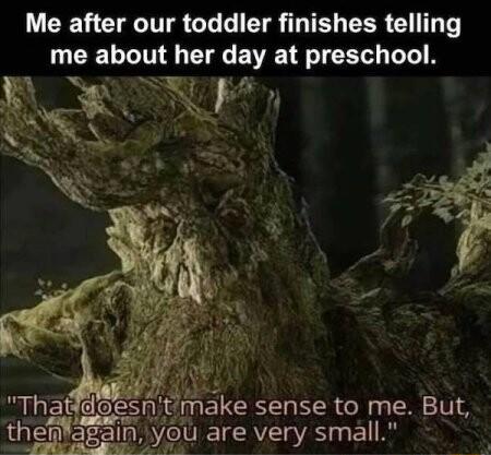 Me after our toddler finishes telling me about her EVETRJCET TR e sense to me But 1 are very small
