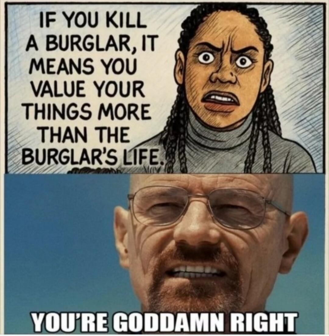 IF YOU KILL A BURGLAR, IT MEANS YOU VALUE YOUR THINGS MORE THAN THE BURGLAR'S LIFE. YOU'RE GODDAMN RIGHT