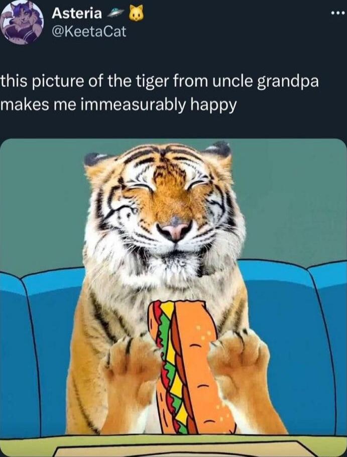 Asteria M KeetaCat this picture of the tiger from uncle grandpa makes me immeasurably happy