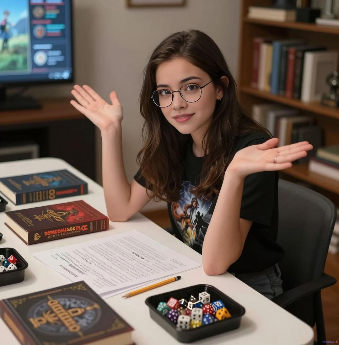 A young woman with glasses sits at a table with dice, books, and papers, raising her hands in a shrug.