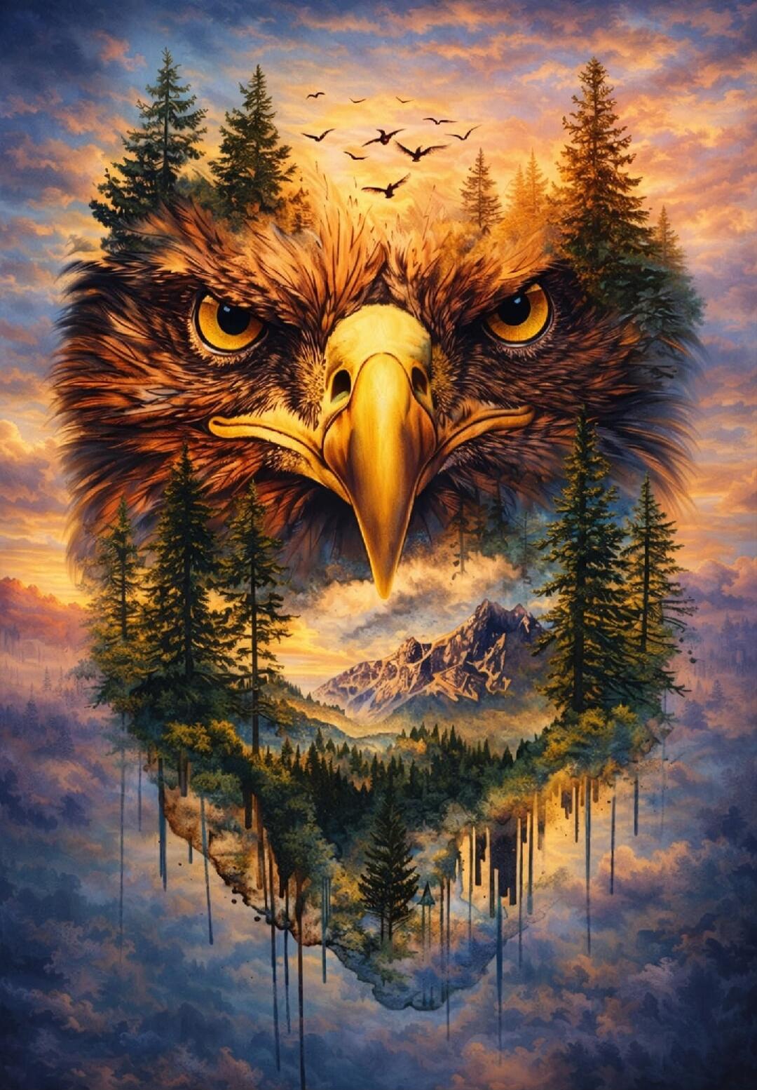 A surreal artwork featuring a massive eagle's head with bright yellow eyes and a large beak, blending into a forest of pine trees and distant mountains. The trees and landscape form a heart-shaped reflection in a dreamy sunset sky with warm orange and cool blue hues.
