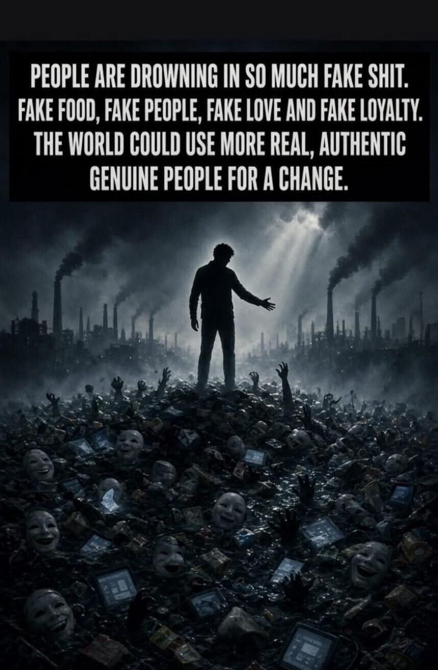 PEOPLE ARE DROWNING IN SO MUCH FAKE SHIT. FAKE FOOD, FAKE PEOPLE, FAKE LOVE AND FAKE LOYALTY. THE WORLD COULD USE MORE REAL, AUTHENTIC GENUINE PEOPLE FOR A CHANGE.