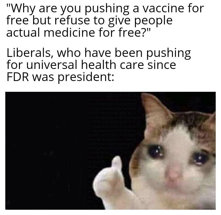 Why are you pushing a vaccine for free but refuse to give people actual medicine for free Liberals who have been pushing for universal health care since FDR was president