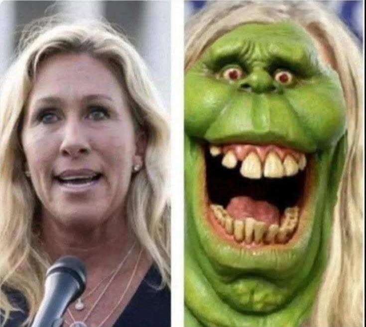 A split image showing Marjorie Taylor Greene speaking into a microphone on the left, and a grotesque, green, cartoonish caricature of her with wide-open mouth and red eyes on the right.