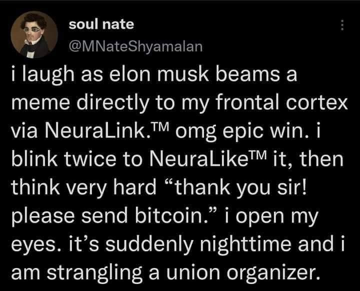 a soul nate MNateShyamalan i laugh as elon musk beams a meme directly to my frontal cortex via NeuraLink omg epic win i blink twice to NeuraLike it then think very hard thank you sir S CEERTTa T BoTidelol Rl T o 1 W eyes its suddenly nighttime and i am strangling a union organizer