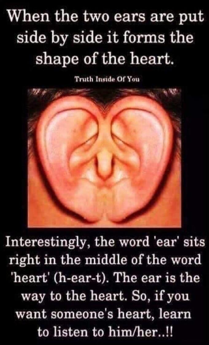When the two ears are put side by side it forms the shape of the heart. Truth Inside Of You Interestingly, the word 'ear' sits right in the middle of the word 'heart' (h-ear-t). The ear is the way to the heart. So, if you want someone's heart, learn to listen to him/her..!!