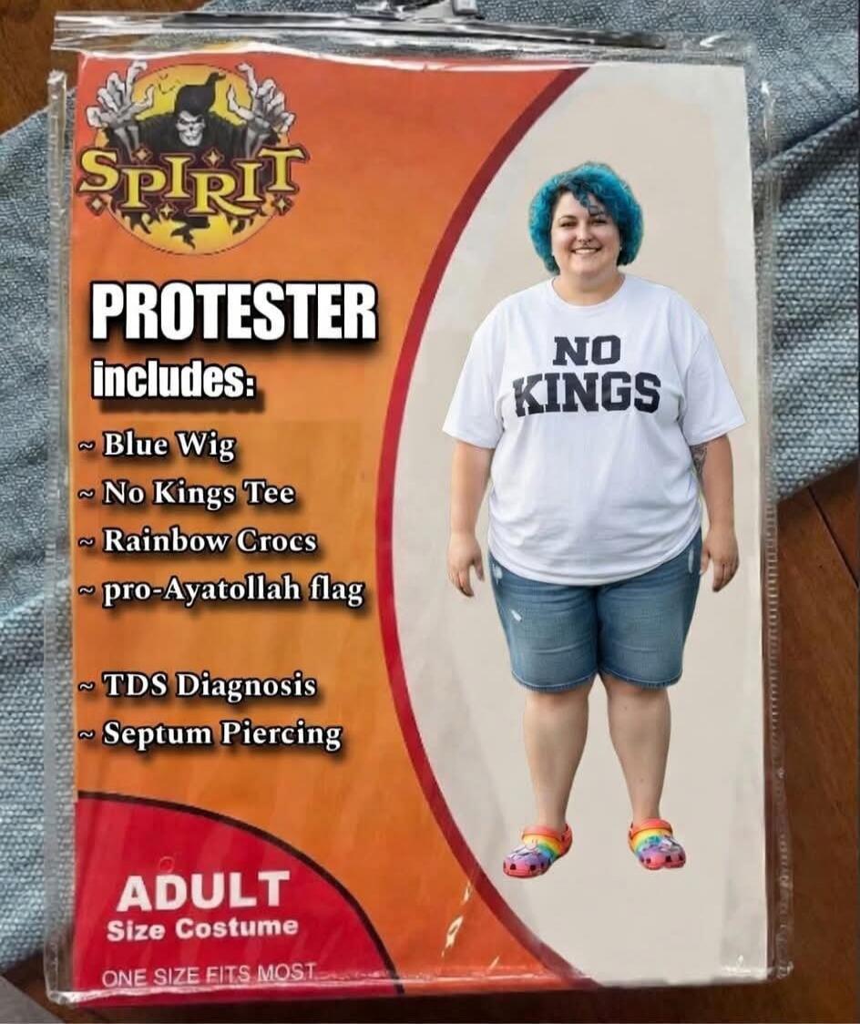 SPIRIT PROTESTER includes: Blue Wig, No Kings Tee, Rainbow Crocs, pro-Ayatollah flag, TDS Diagnosis, Septum Piercing. ADULT Size Costume. ONE SIZE FITS MOST. NO KINGS.