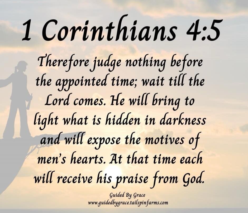 1 Corinthians 4:5 Therefore judge nothing before the appointed time; wait till the Lord comes. He will bring to light what is hidden in darkness and will expose the motives of men's hearts. At that time each will receive his praise from God. Guided By Grace www.guidedbygrace.tailspinfarms.com