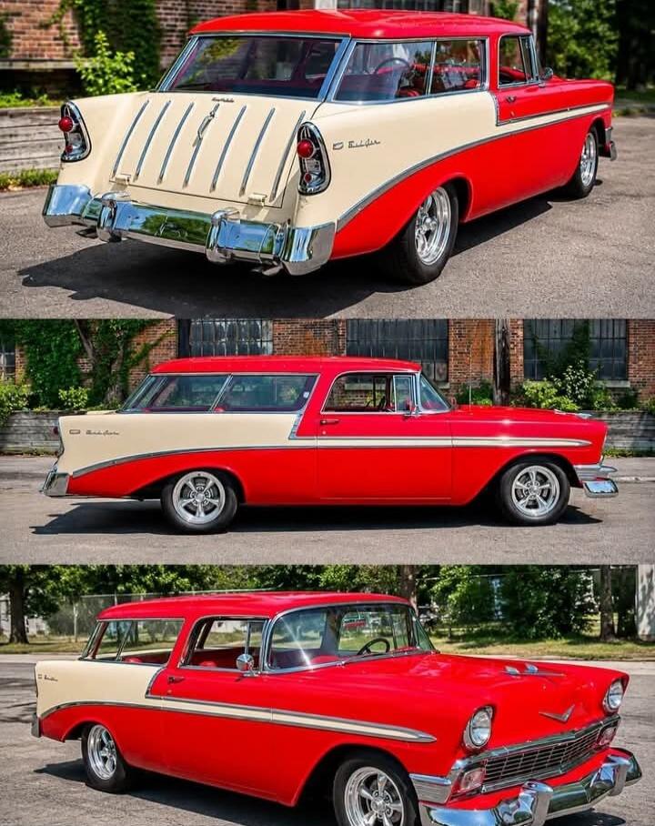 A classic red and cream two-door station wagon, possibly a Chevrolet Bel Air, shown from multiple angles.