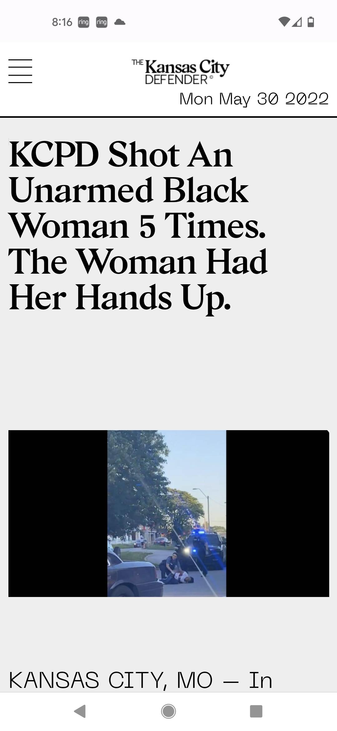 816D D 44 Kansas City DEFENDER Mon May 30 2022 KCPD Shot An Unarmed Black Woman 5 Times The Woman Had Her Hands Up KANSAS CITY MO In