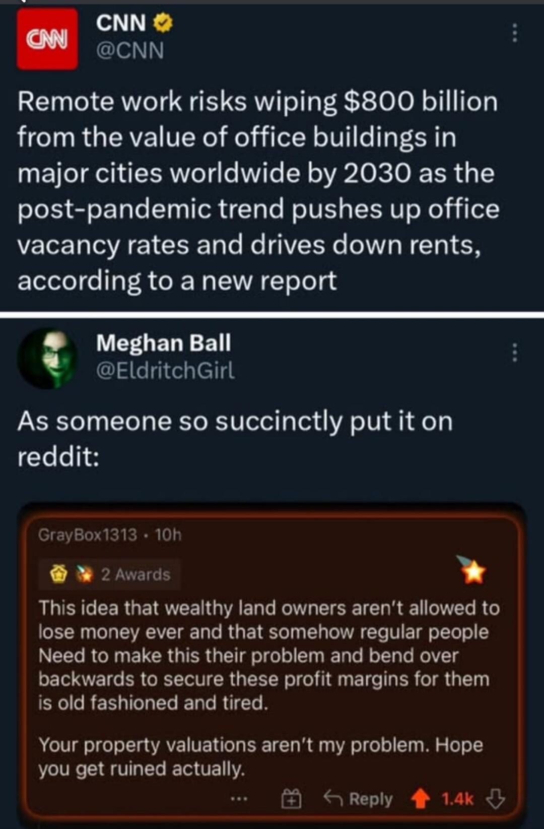 Remote work risks wiping $800 billion from the value of office buildings in major cities worldwide by 2030 as the post-pandemic trend pushes up office vacancy rates and drives down rents, according to a new report. As someone so succinctly put it on reddit: This idea that wealthy land owners aren't allowed to lose money ever and that somehow regula