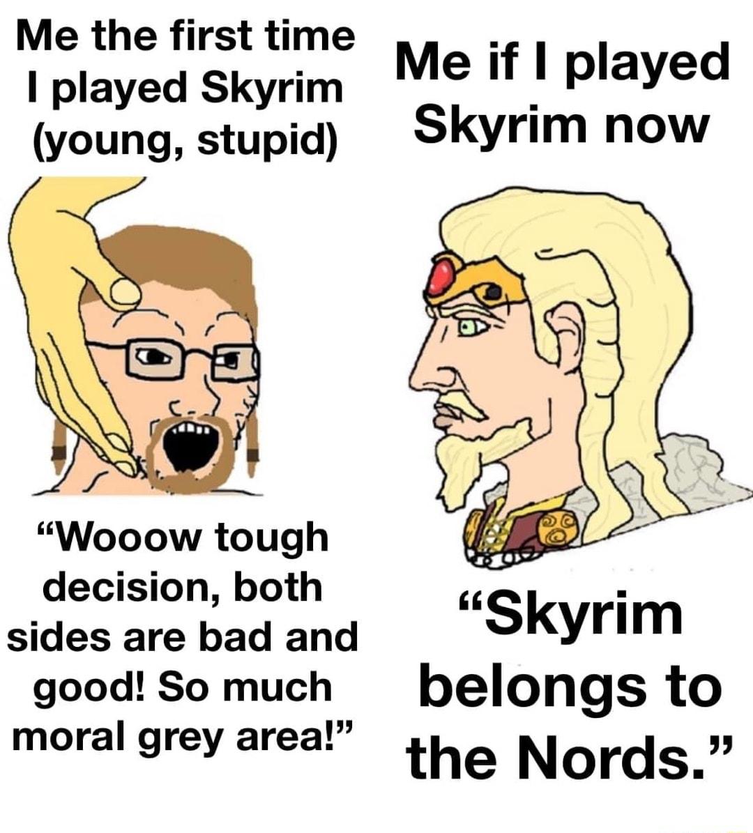 Me the first time played Skyrim Me if played young stupid Skyrim now Wooow tough 8 decision both sides are bad and Sk yrim good Somuch belongs to moral grey area the Nords