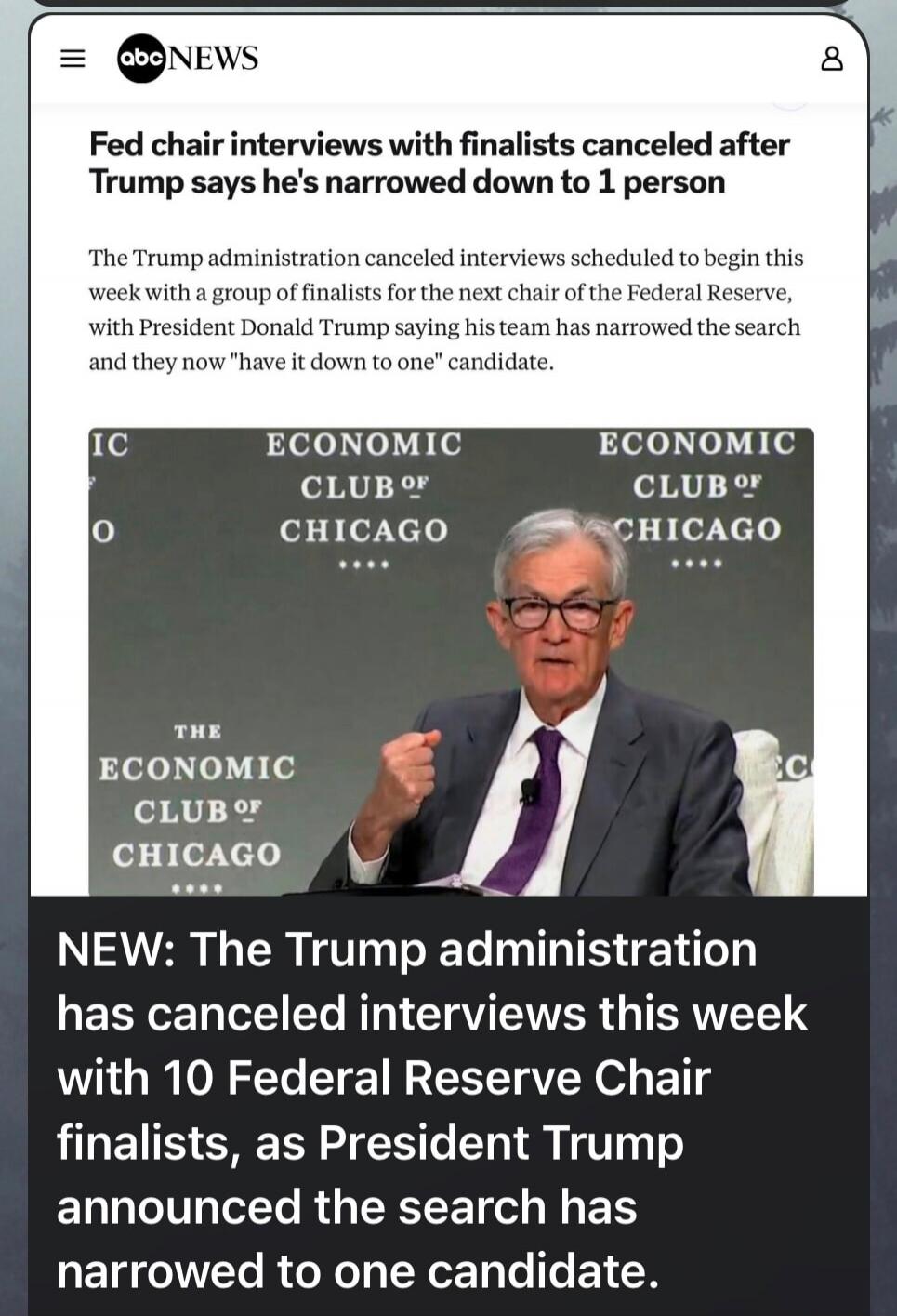 Fed chair interviews with finalists canceled after Trump says he's narrowed down to 1 person

The Trump administration canceled interviews scheduled to begin this week with a group of finalists for the next chair of the Federal Reserve, with President Donald Trump saying his team has narrowed the search and they now 