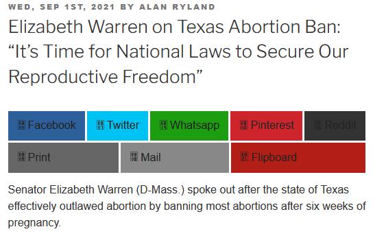 WED SEP 15T 2021 BY ALAN RYLAND Elizabeth Warren on Texas Abortion Ban Its Time for National Laws to Secure Our Reproductive Freedom Senator Elizabeth Warren D Mass spoke out after the state of Texas effectively outlawed abortion by banning most abortions after six weeks of pregnancy