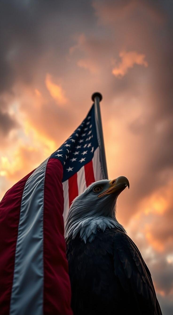 American flag and bald eagle against a dramatic sunset sky