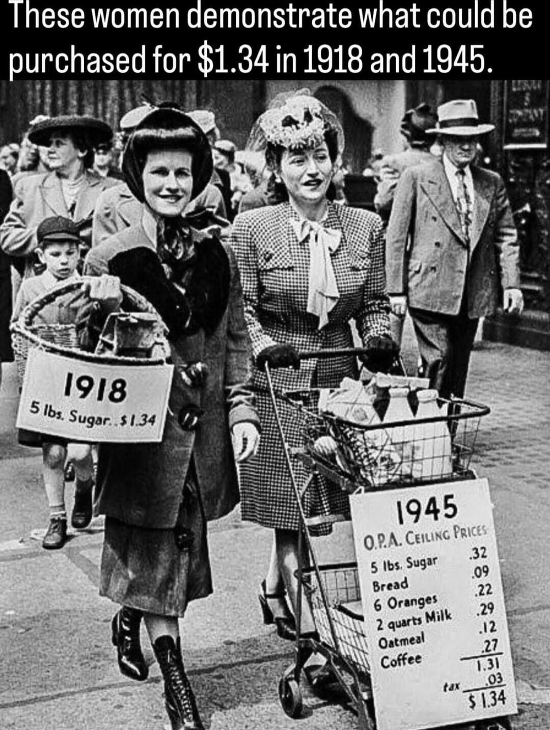 These women demonstrate what could be purchased for $1.34 in 1918 and 1945. 1918: 5 lbs. Sugar, $1.34. 1945: O.P.A. Ceiling Prices - 5 lbs. Sugar .32, Bread .09, 6 Oranges .22, 2 Quarts Milk .29, Oatmeal .12, Coffee .27, Tax .03, total $1.34.