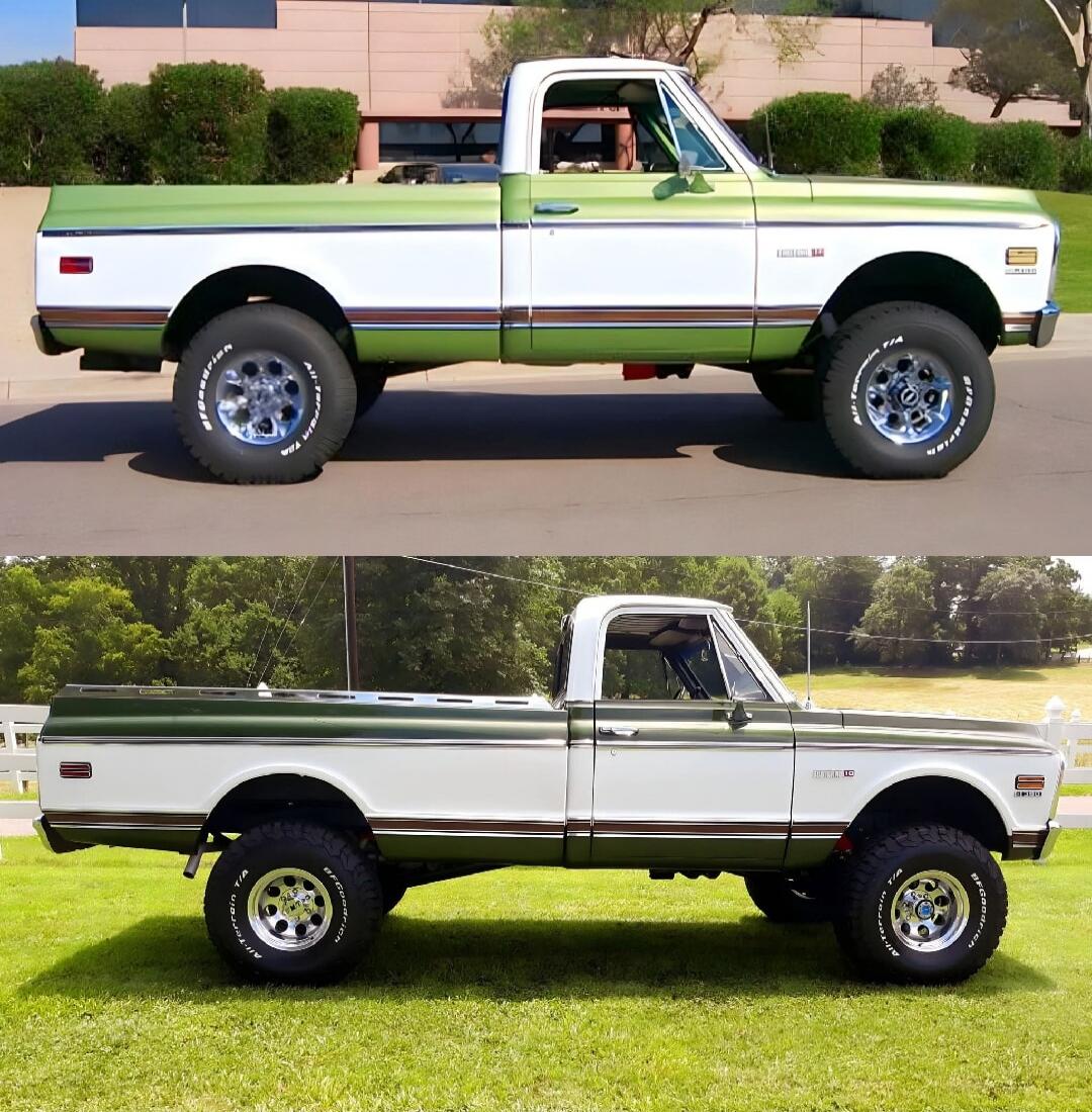 Two vintage pickup trucks, one green and white in the top image and the bottom image shows a similar white-green truck on grass.